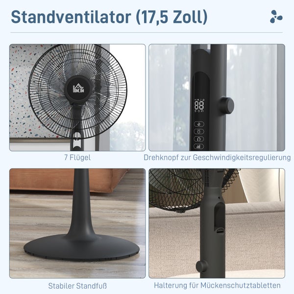 Homcom Standventilator 17,5 Zoll mit 7 Flügeln, Drehknopf zur Geschwindigkeitsregelung, stabilem Standfuß und Halterung für Mückenschutztabletten.