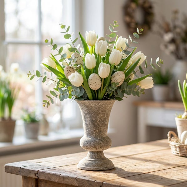 Osterstrauß aus weißen Tulpen und Eukalyptuszweigen mit gesprenkelten Ostereiern in einer rustikalen Steinvase auf einem Holztisch.