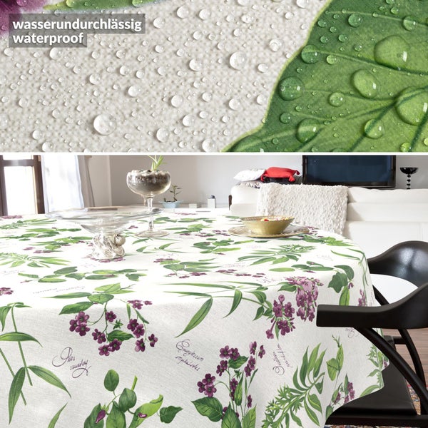 Runde wasserundurchlässige Tischdecke mit floralem Muster in einem hellen Wohnzimmer und Detailansicht der wasserabweisenden Stoffoberfläche.