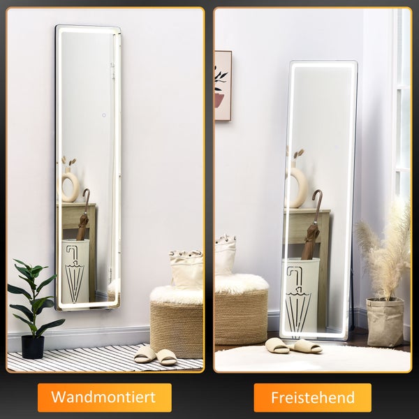 HOMCOM 2 in 1 Standspiegel, Ganzkörperspiegel mit LED-Beleuchtung, freistehender Ankleidespiegel, Wandspiegel, Schminkspiegel für Schlafzimmer, Wohnzimmer, 40 x 37 x 157,5 cm, Aluminium, Silber+Schwarz