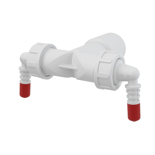 Doppel-Schlauchverbinder für Siphon aus weißem Kunststoff mit zwei Anschlüssen für Waschmaschine oder Geschirrspüler.