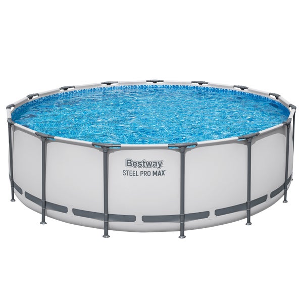 Runder Aufstellpool Bestway Steel Pro MAX mit grauem Stahlrahmen und blauer Innenfolie.