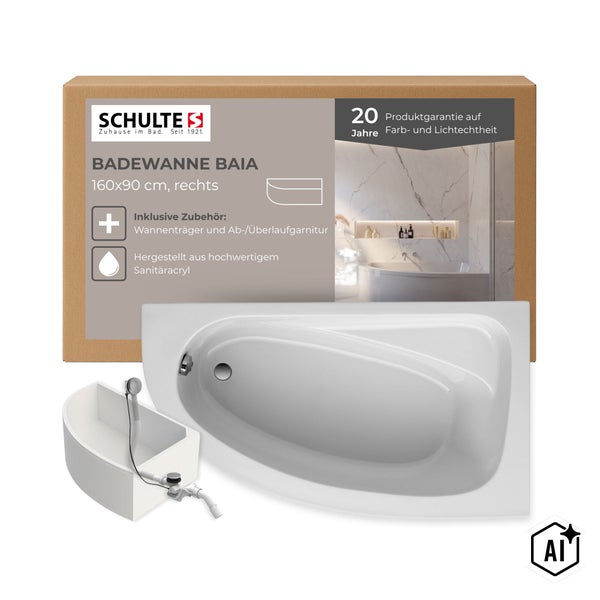 Schulte Badewanne Baia 160 mal 90 Zentimeter rechts aus Sanitäracryl mit Wannenträger und Ab- und Überlaufgarnitur in der Produktverpackung