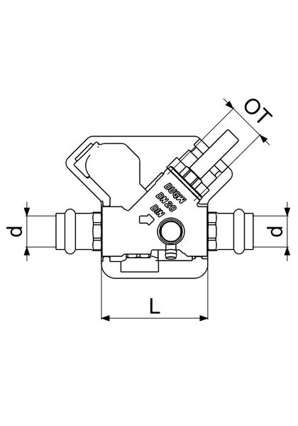 Technische Zeichnung eines Ventils mit DVGW-Prüfzeichen, Nennweite DN 20, mit Maßangaben für Durchmesser, Länge und Oberteil.