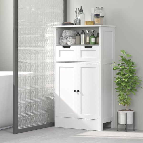 kleankin Badezimmerschrank Badschrank Hochschrank mit verstellbar Ablage, 2 Schubladen, 2 Türen, Schrank Aufbewahrungsschrank für Badezimmer, Wohnzimmer 60 x 30 x 108,8 cm Weiß