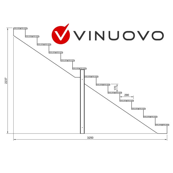 Zeichnung einer Treppe mit Maßen und Vinuovo Logo