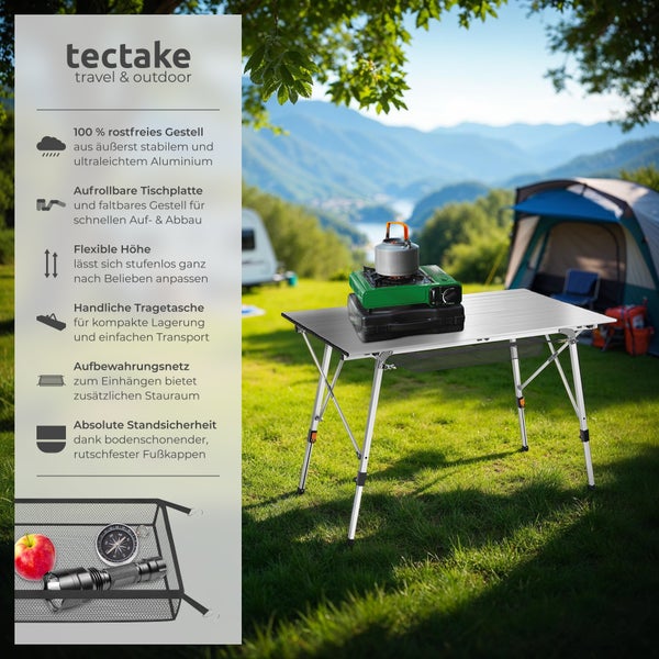 Campingtisch tectake Bastian 120 x 70,5 x 58 – 79 cm faltbar silber