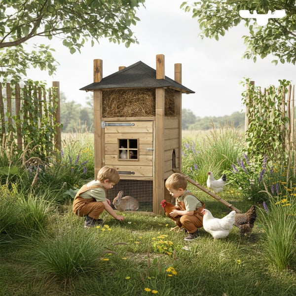 Holzstall mit Hühnern und Kaninchen im Garten mit zwei spielenden Kindern