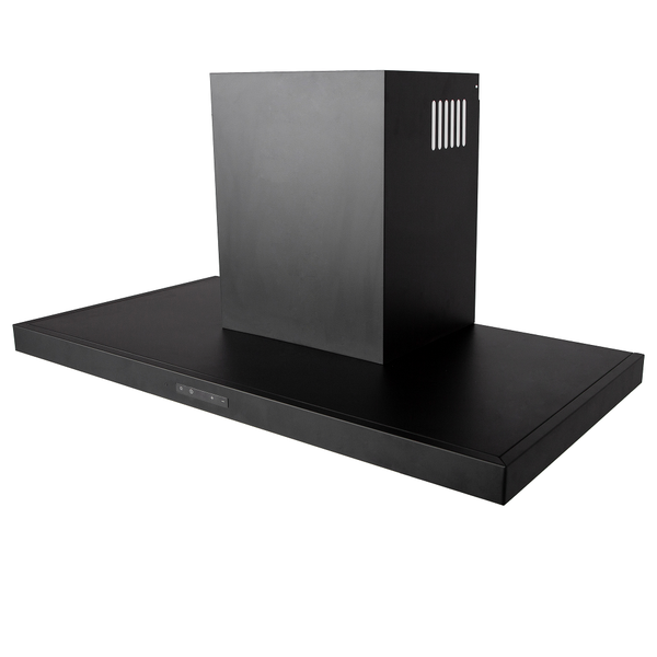 Wand-Dunstabzugshaube in T-Form aus schwarzem Metall mit Kamin und integriertem Bedienfeld.