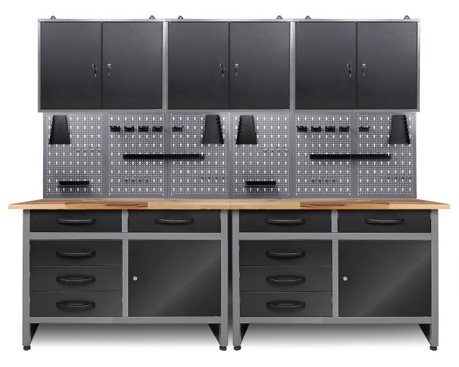 Werkbank mit Schubladen, Lochwand und Schränken zur Werkzeugaufbewahrung