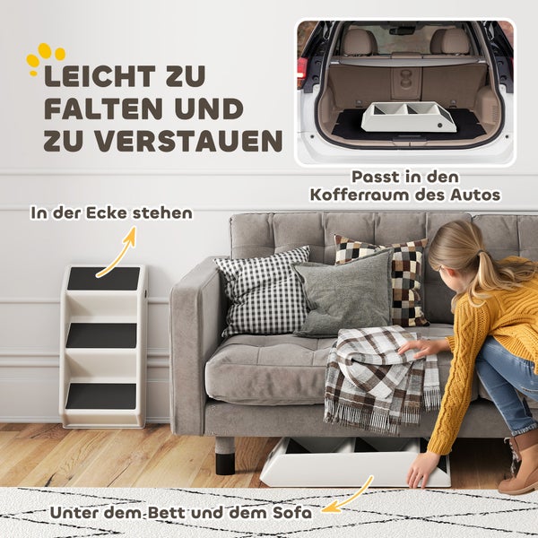 Aufbewahrungstreppe mit drei Stufen für Haustiere, die sich zur Lagerung zusammenklappen lässt und unter Betten, Sofas oder im Kofferraum des Autos verstaut werden kann.