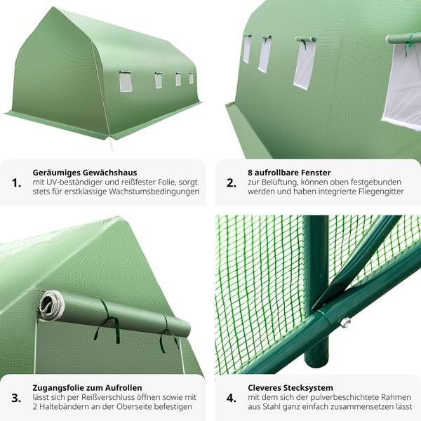 Foliengewächshaus tectake  600 x 300 x 205 cm 27 m³, in Zeltform mit 8 Fenstern grün