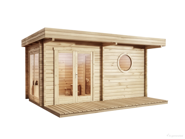 Gartensauna aus Holz mit Flachdach, verglaster Doppeltür, einem runden Fenster und einer vorgelagerten Holzterrasse.