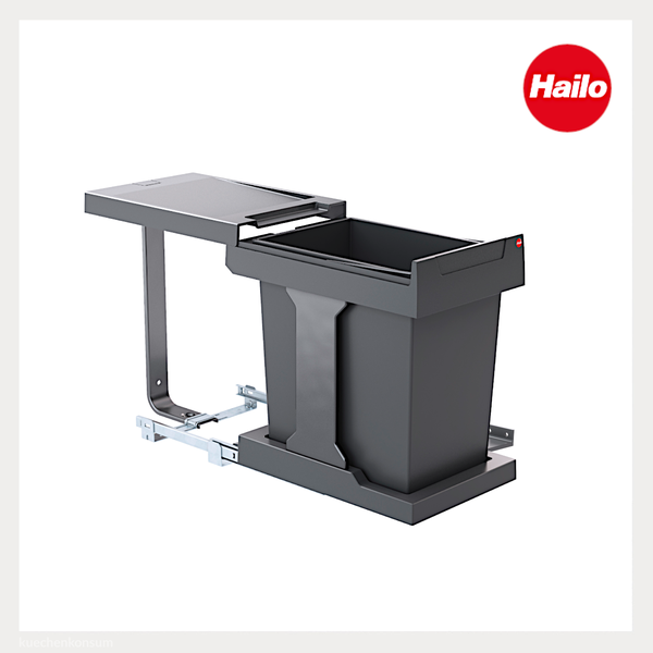 Anthrazitfarbener Hailo Einbau-Abfallsammler mit einem Eimer und Auszugssystem aus Kunststoff und Metall, Hailo Logo.