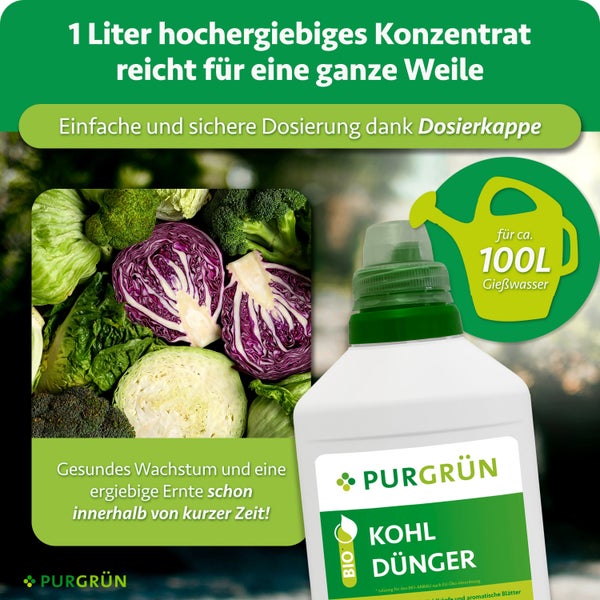 Eine Flasche Purgrün Kohldünger Konzentrat mit Dosierkappe für einhundert Liter Gießwasser vor einem Hintergrund mit frischem Kohlgemüse.