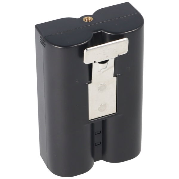 Wiederaufladbarer Akku-Pack in Schwarz mit metallischer Entriegelungstaste und Gewindebuchse.