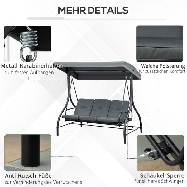Dreisitzer-Gartenschaukel mit grauem Sonnendach, weicher Polsterung, Metall-Karabinerhaken, Anti-Rutsch-Füßen und Schaukelsperre.