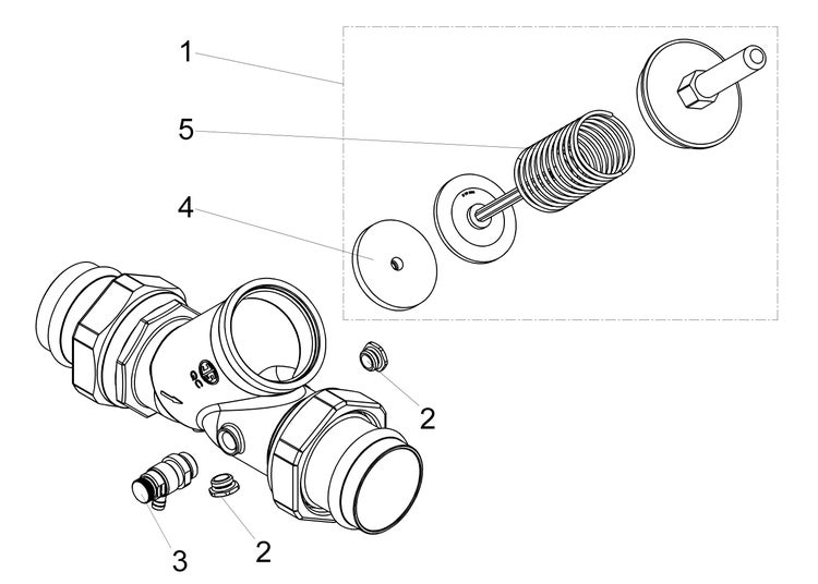 Explosionszeichnung eines Ventils mit Gehäuse, Feder, Dichtungen, Stopfen und Entleerventil.