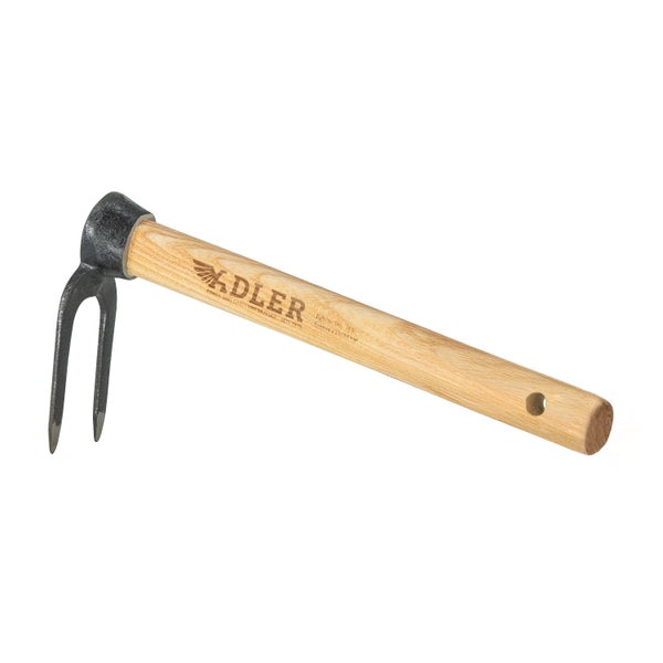 Adler Gartenhacke mit zwei Zinken und Holzstiel für Gartenarbeiten