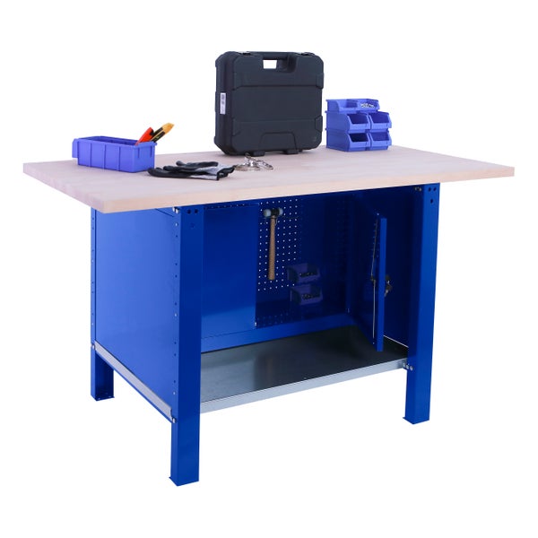 Werkbank BUFFALO WOOD mit Schrank | HxBxT 86,5x120x75cm | Traglast 1000kg | Blau