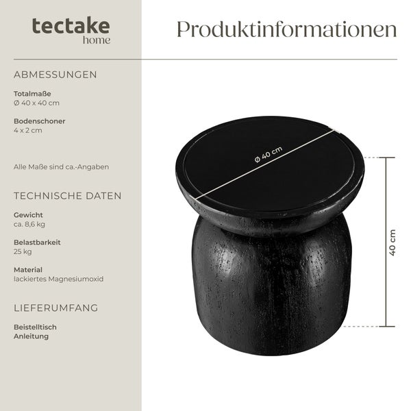 Tectake Home Beistelltisch aus lackiertem Magnesiumoxid mit 40 Zentimeter Durchmesser und 40 Zentimeter Höhe inklusive Produktinformationen.
