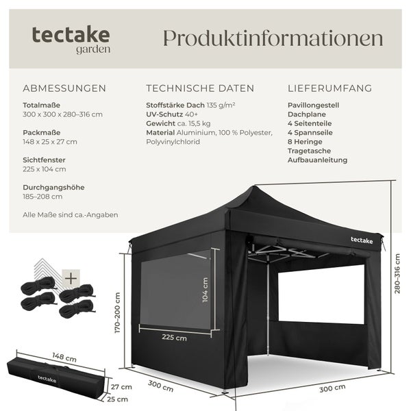 Infografik zum Tectake Garten Faltpavillon mit technischen Daten Abmessungen und Lieferumfang sowie Darstellung des Pavillons und Zubehörs.