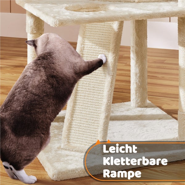 Katze benutzt einen beigen Kratzbaum mit einer Rampe