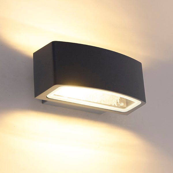 Moderne LED-Außenwandleuchte mit Up-and-Down-Lichtverteilung, rechteckiges Design, mattes dunkelgraues Gehäuse.