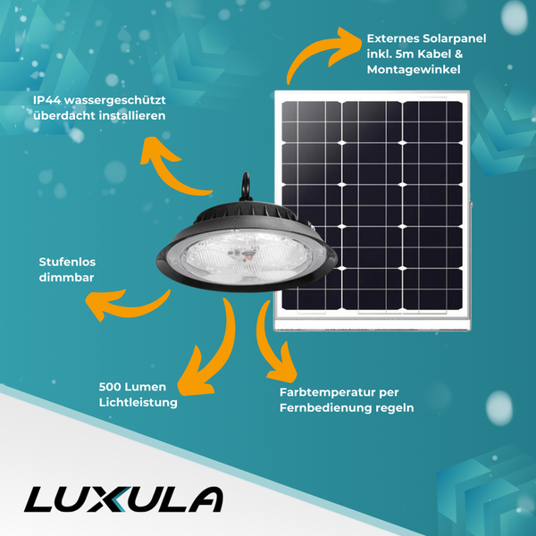 Solarleuchte mit externem Solarpanel, 500 Lumen Lichtleistung, stufenlos dimmbar und IP44 Wasserschutz