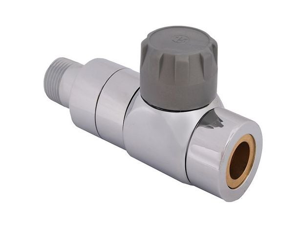 Manuelles Heizkörperventil aus verchromtem Metall mit grauem Kunststoffgriff und Gewindeanschluss.