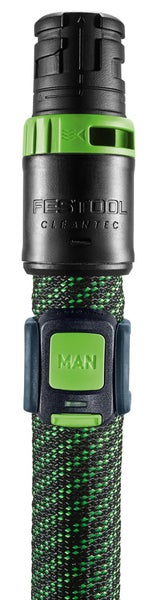 Festool Absaugschlauch mit Cleantec Anschluss, Festool Logo und Fernbedienung mit Taste.