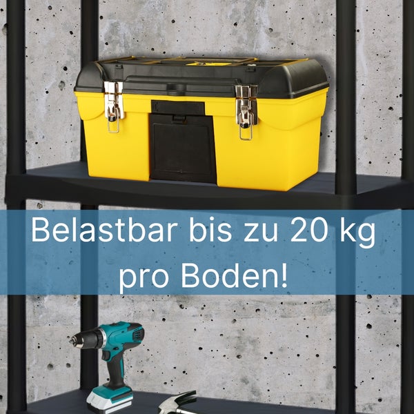 Werkzeugkiste und Werkzeuge auf einem Regal mit einer Traglast von bis zu 20 Kilogramm pro Boden.