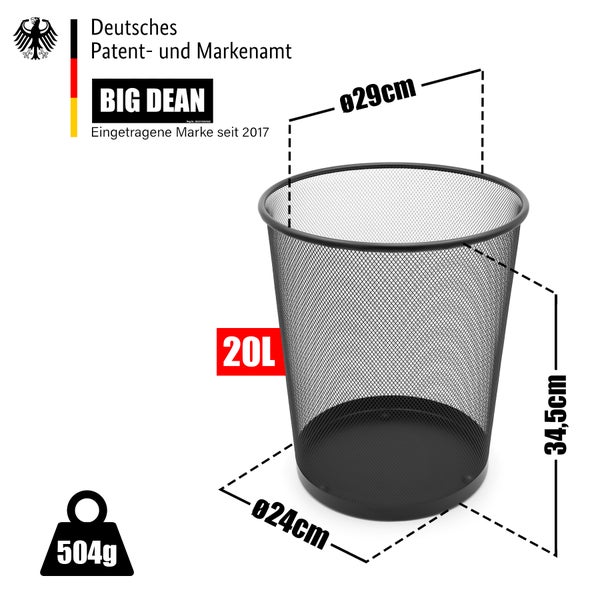 BigDean Papierkorb Mülleimer schwarz 20L Draht - Mülleimer Büro - robuster Papiereimer für Zuhause & Büro
