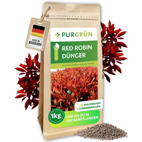 Purgrün Red Robin Dünger für Glanzmispeln, 1 Kilogramm, mit Magnesium und Tonmineralien, hergestellt in Deutschland, für bis zu 16 Heckenpflanzen.