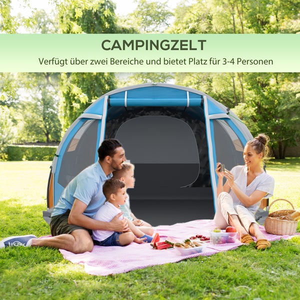 Outsunny Tunnelzelt für 4 Personen, Campingzelt mit 2 Räumen, 475L x 264B x 172H cm, Taft, Blau