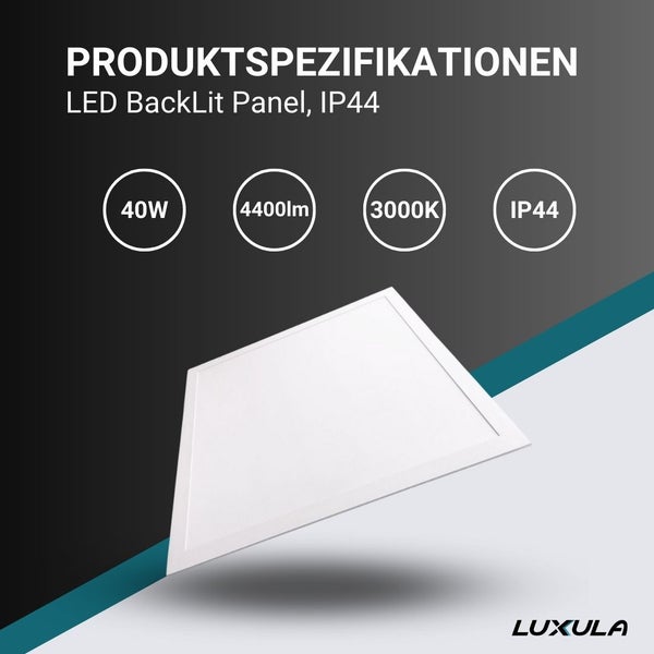 Quadratisches LED BackLit Panel von Luxula mit 40 Watt, 4400 Lumen, 3000 Kelvin und Schutzart IP44.