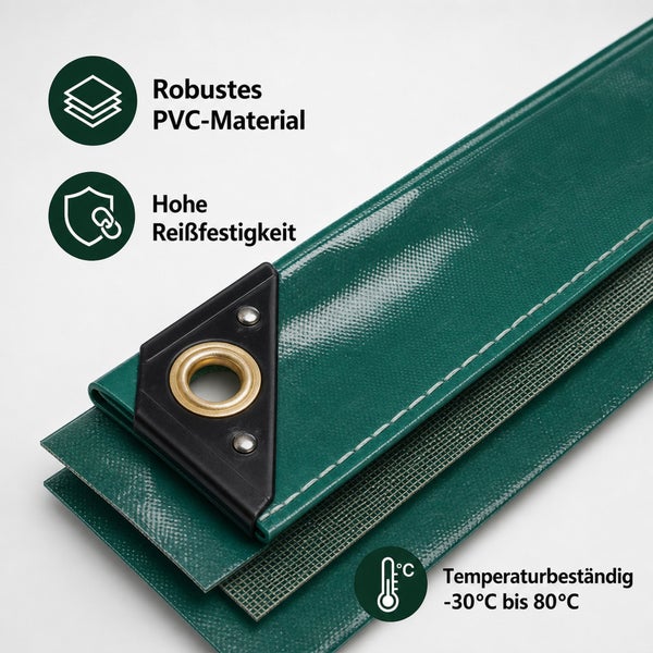 Robuste PVC Abdeckplane mit Ösen und Verstärkung für hohe Reißfestigkeit sowie Temperaturbeständigkeit von minus 30 bis 80 Grad Celsius.