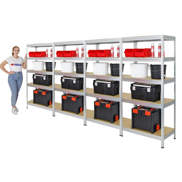 PROREGAL Mega Deal 4x Schwerlastregal Rivet HxBxT 180 x 90 x 45 cm Fachlast 250 kg Verzinkt