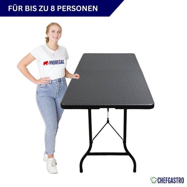 Schwarzer klappbarer Buffettisch in Rattan-Optik für bis zu 8 Personen mit schwarzem Metallgestell. Proregal Logo und ChefGastro Logo.