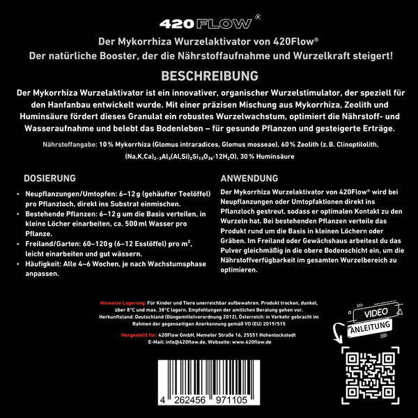 Produktbeschreibung für 420Flow Mykorrhiza Wurzelaktivator inklusive Inhaltsstoffen, Dosierung, Anwendungshinweisen und QR Code für Video Anleitung.