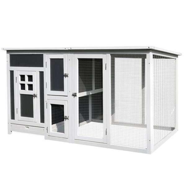 PawHut Hühnerstall Hühnerhaus Geeignet für 1-2 Hühner, mit Nistkasten Eierkiste mit 2 Fächern, Tanne, Grau+Weiß, 160 x 75 x 80 cm