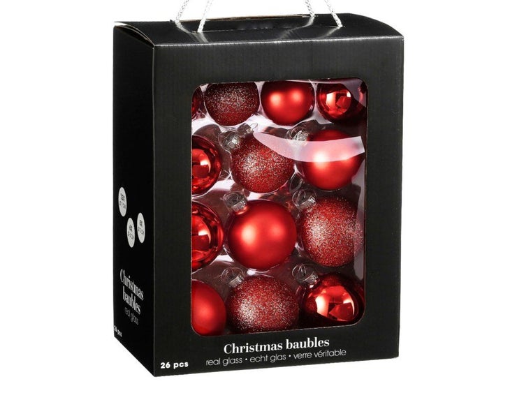 Set mit 26 Christbaumkugeln aus Glas in verschiedenen Ausführungen und Größen in einer Geschenkbox