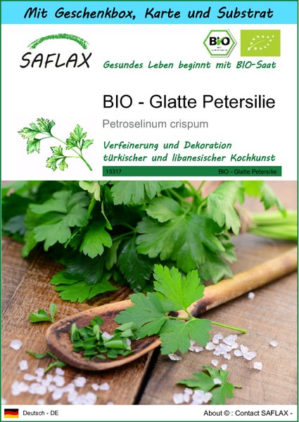SAFLAX Geschenk Set - BIO - Glatte Petersilie - Petroselinum crispum - 600 Samen - Mit Geschenkbox, Versandaufkleber, Geschenkkarte und Anzuchtsubstrat
