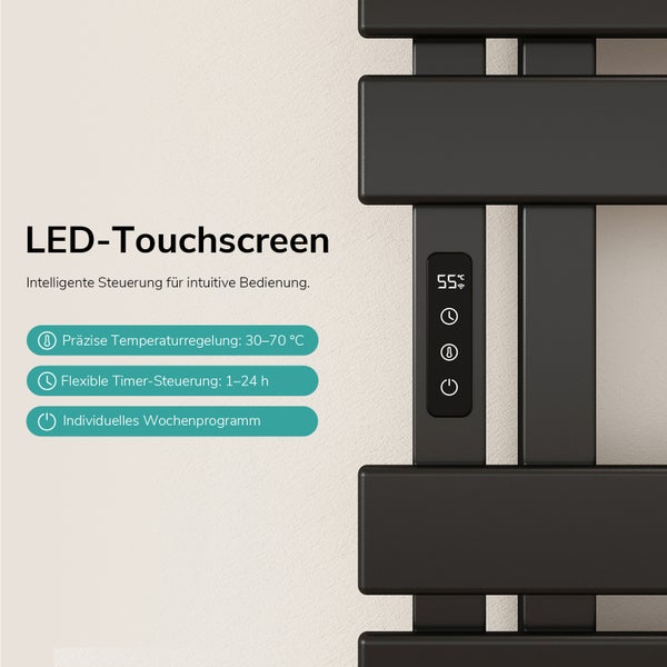 LED-Touchscreen am schwarzen Handtuchheizkörper: Temperaturregelung 30 bis 70 Grad, Timer 1 bis 24 Stunden und Wochenprogramm.