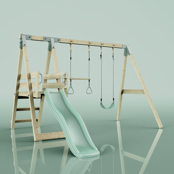 Kinderspielplatz aus Holz mit Schaukel, Trapezstange mit Ringen, Kletterleiter und Rutsche