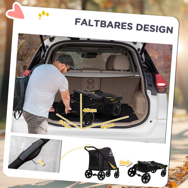 PawHut Hundewagen, Hundebuggy mit Kissen, faltbarer Hundetrolley, Katzenbuggy für große und mittelgroße Hunde, Hundetrolley mit Netzfenster, Sicherheitsleinen, Tasche, Oxfordstoff, Dunkelgrau