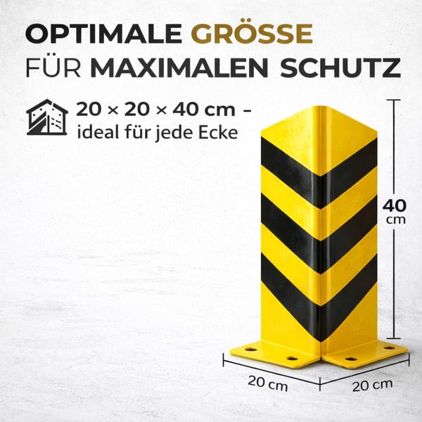 Eckschutzprofil mit gelb-schwarzen Warnmarkierungen, Maße 20 mal 20 mal 40 Zentimeter, ideal für Ecken.