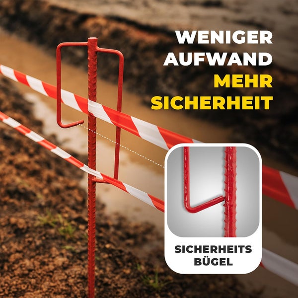Absperrstab aus Metall mit Sicherheitsbügel für Trassierband zur Sicherung einer Baustelle.