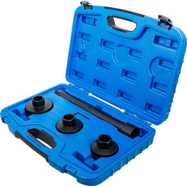 Werkzeugsatz zur Demontage von Lagern in einem blauen Werkzeugkoffer