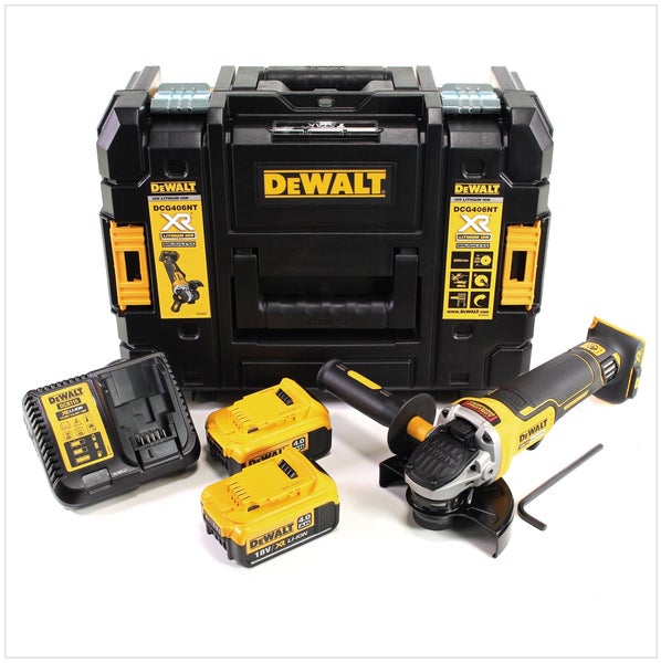 DeWalt Akku-Winkelschleifer Set mit zwei 18 Volt Akkus, Ladegerät und Transportkoffer. DeWalt Logo.